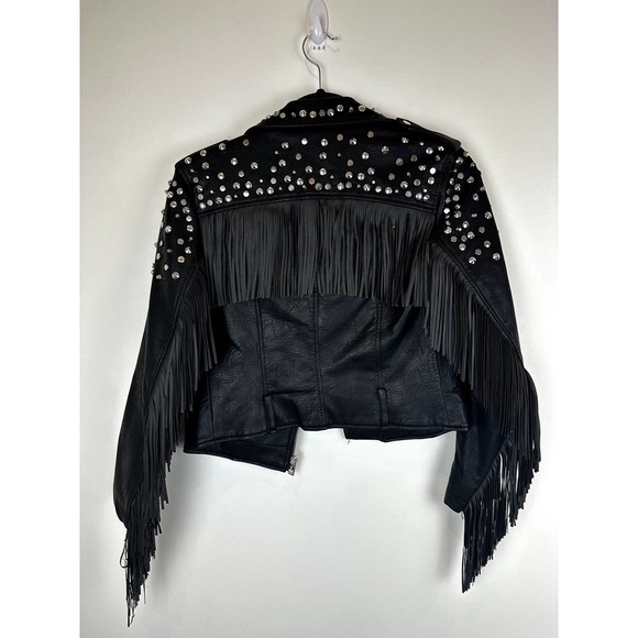 Gently Used Zara Studded Faux Black Leather Jacket w/Fringe - Picture 5 of 9